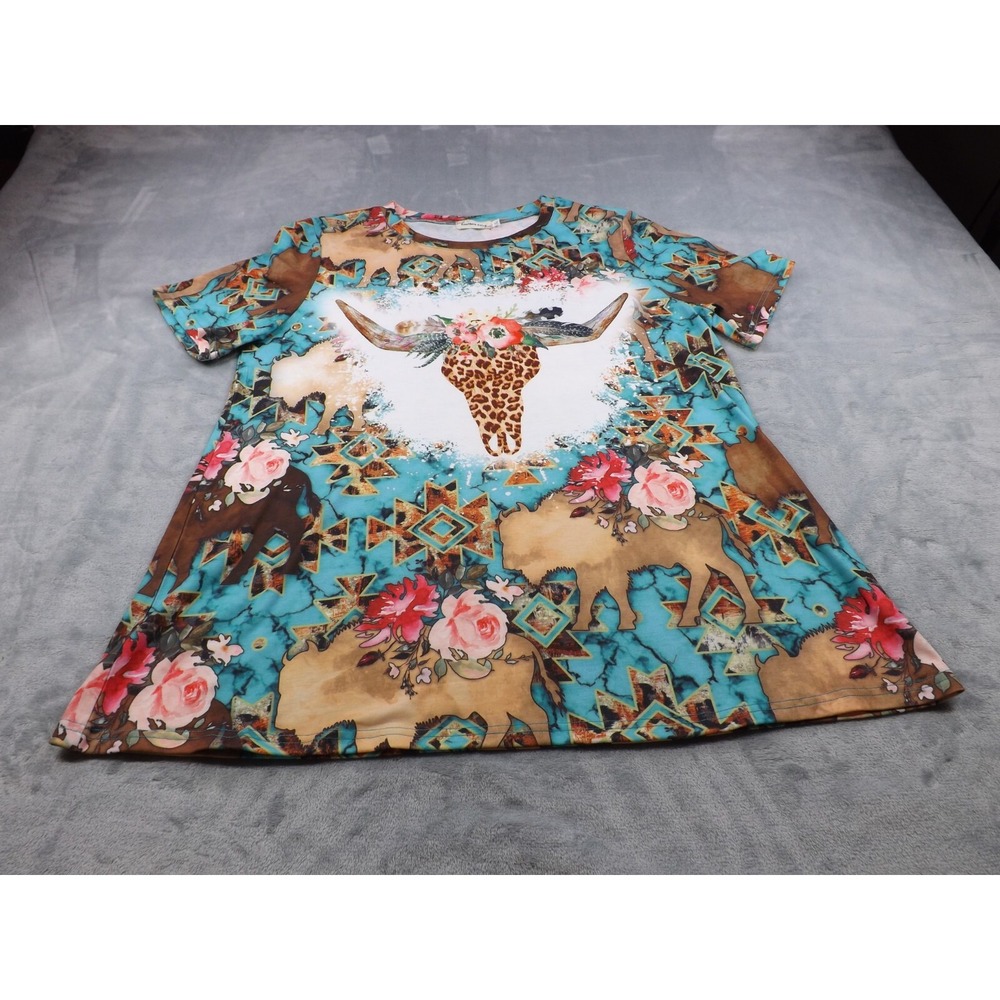 Southern Stitch Top Women's Size L Multi Color Cow Skull Flowers Bison Shirt‎